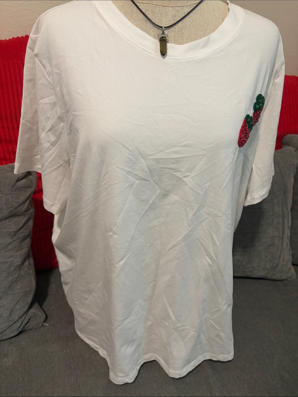 a new day White Short Sleeve Tee with Red & Green Embroidery